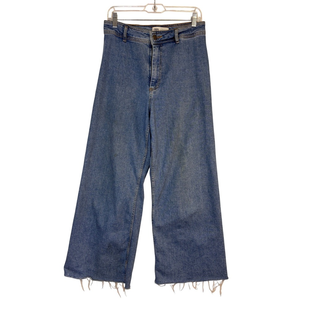 Zara Wide Leg Ankle Cropped Jeans Womens 8 High Rise Raw Hem Stretch Casual Boho